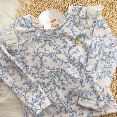 Conj. Blusa Manga Longa Floral e Calça Anarruga - Azul
